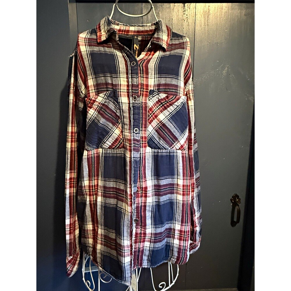 Seven7 woman’s Plaid Long Sleeve Button-Up Shirt Point Collar Pockets Size S